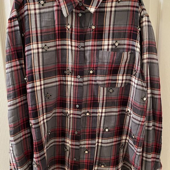 Elizabeth and James Jeweled Studded Flannel Button Up Top Blouse Womens Size 2 - Picture 3 of 14